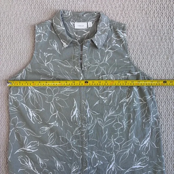 ecothreads Womens Sleeveless Button Up Shirt Green Floral Linen Blend Size L - Picture 7 of 16